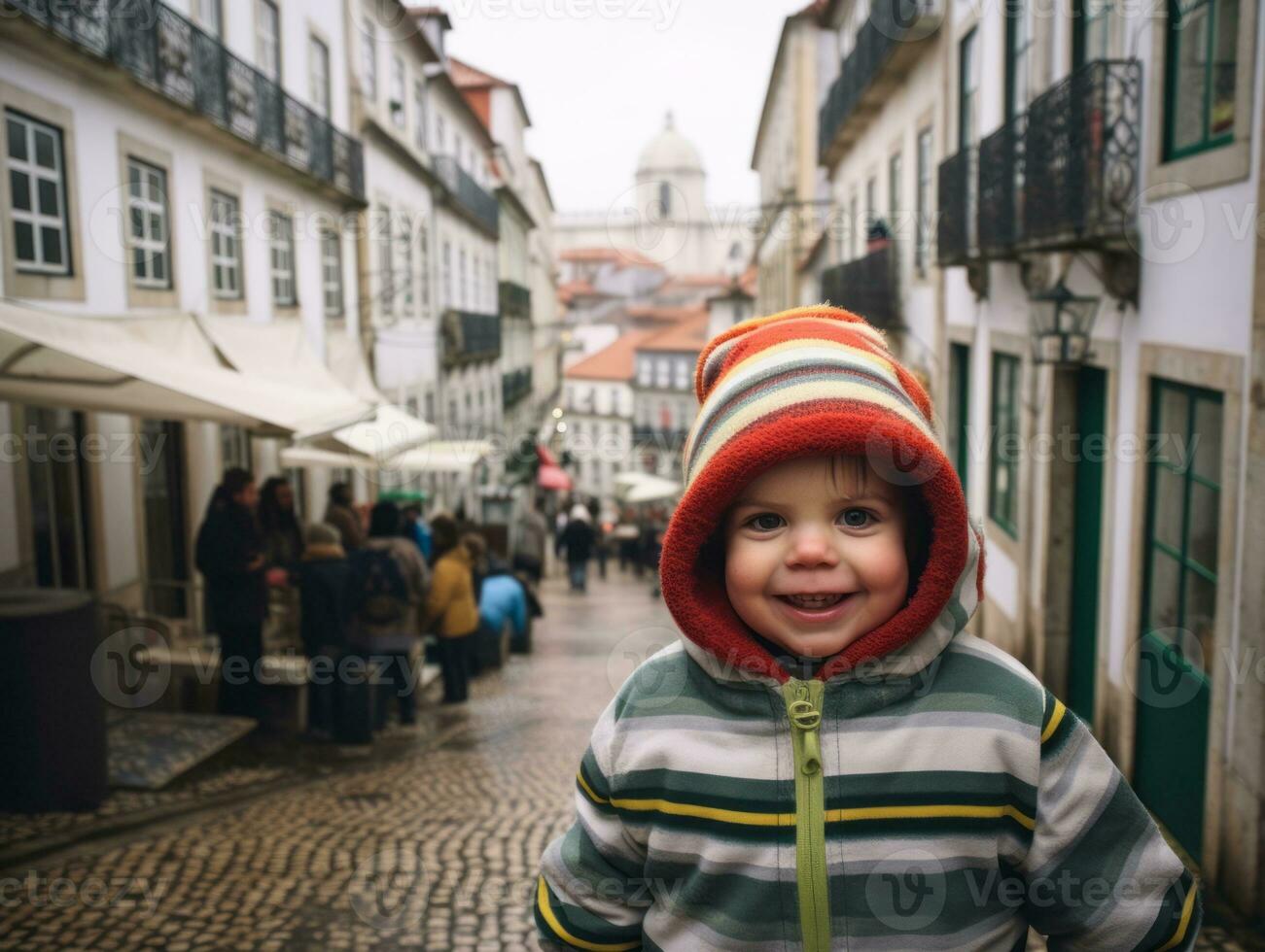 Kid enjoys a leisurely stroll through the vibrant city streets AI Generative photo