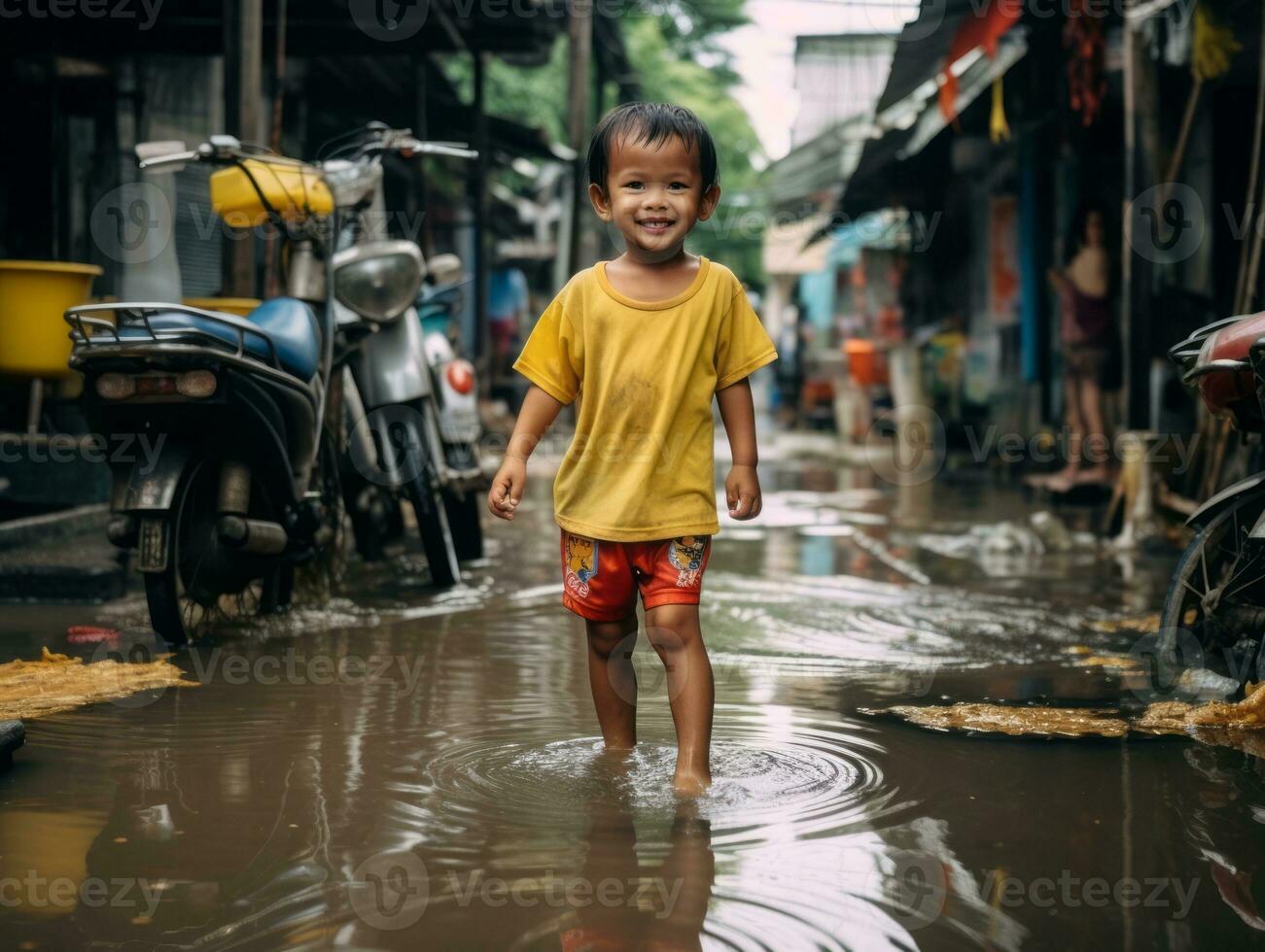 Kid enjoys a leisurely stroll through the vibrant city streets AI Generative photo