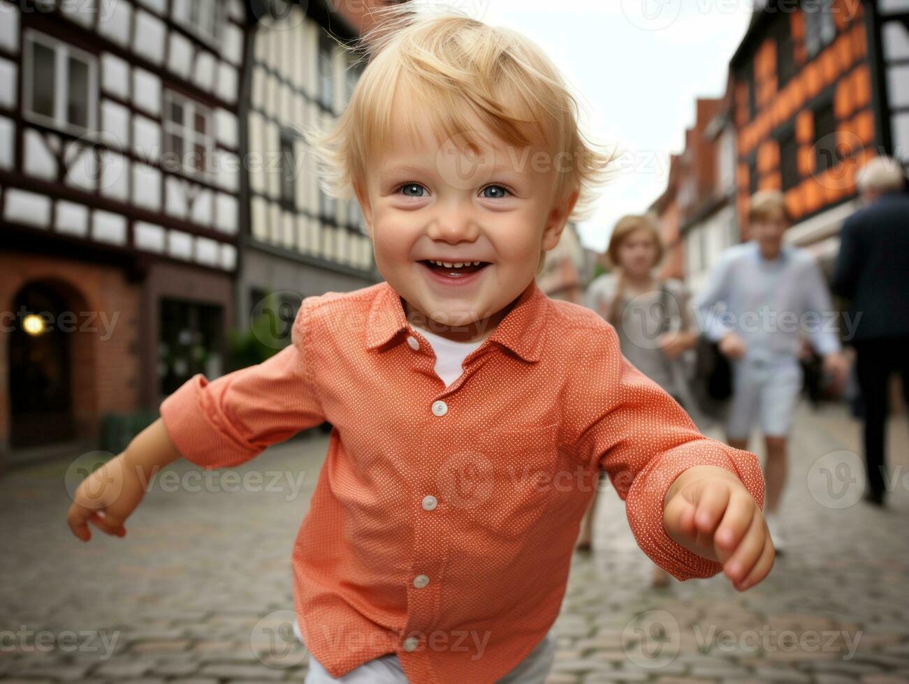 niño disfruta un sin prisa paseo mediante el vibrante ciudad calles ai generativo foto