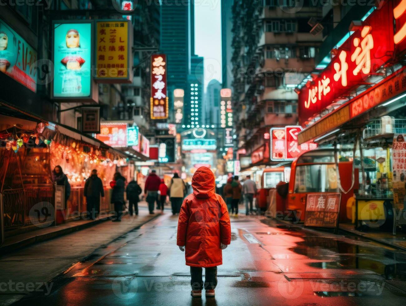 Kid enjoys a leisurely stroll through the vibrant city streets AI Generative photo