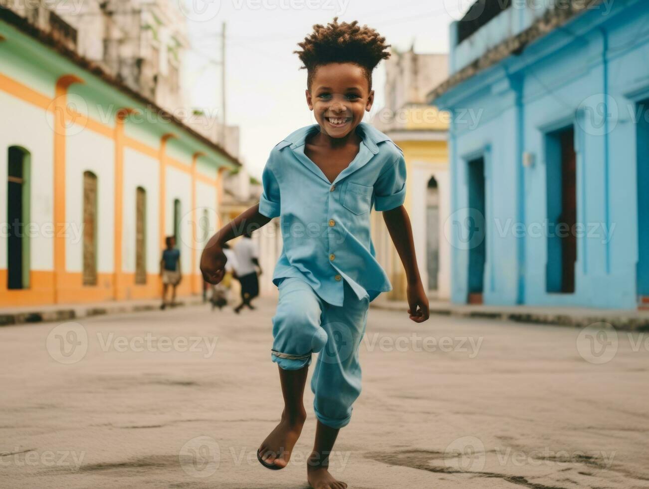 Kid enjoys a leisurely stroll through the vibrant city streets AI Generative photo
