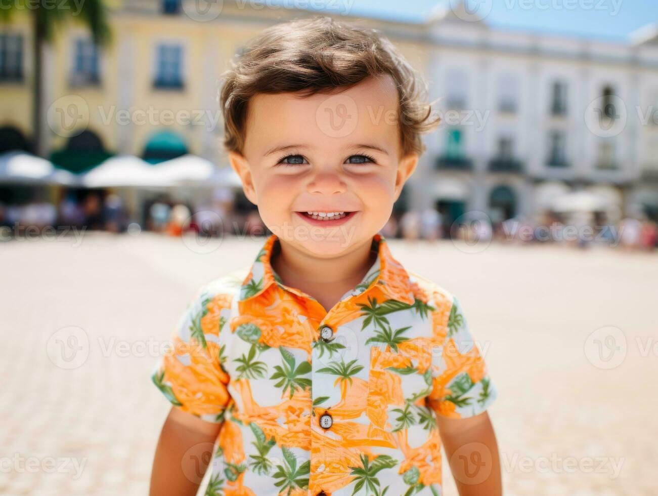 niño disfruta un sin prisa paseo mediante el vibrante ciudad calles ai generativo foto