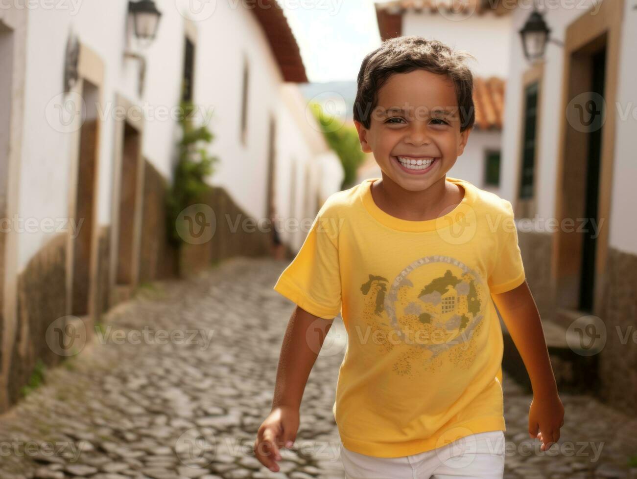 niño disfruta un sin prisa paseo mediante el vibrante ciudad calles ai generativo foto