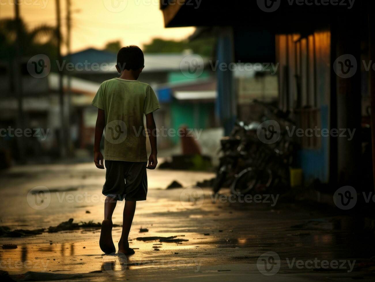 niño disfruta un sin prisa paseo mediante el vibrante ciudad calles ai generativo foto