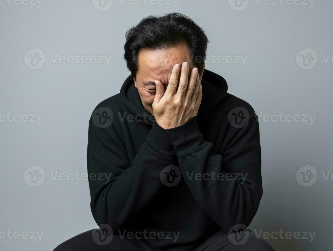 40 año antiguo asiático hombre en emocional actitud en blanco antecedentes ai generativo foto