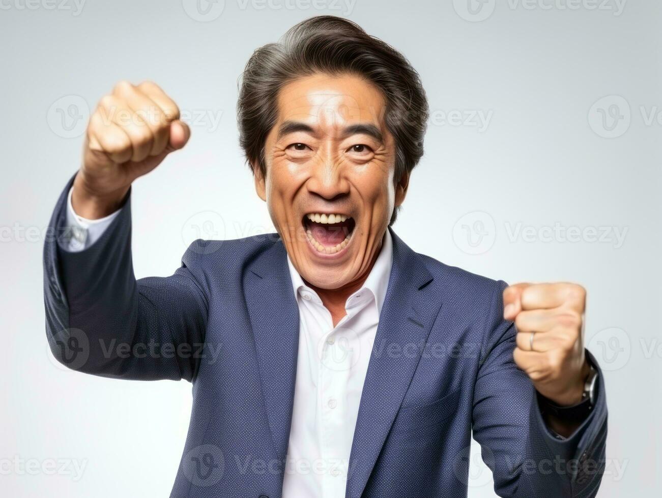 40 year old asian man in emotional pose on white background AI Generative photo