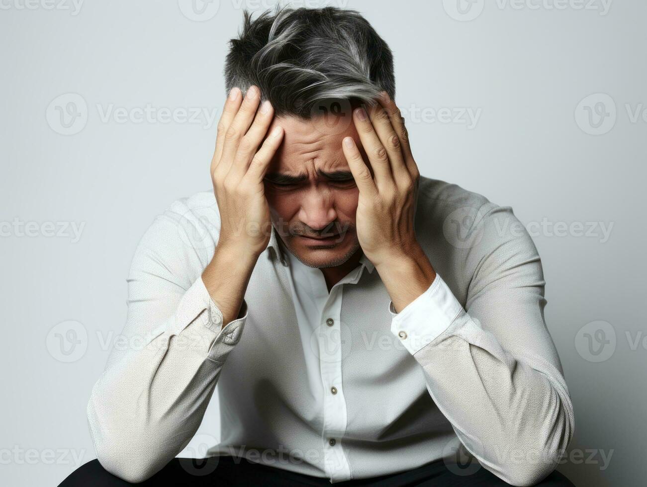 40 año antiguo asiático hombre en emocional actitud en blanco antecedentes ai generativo foto