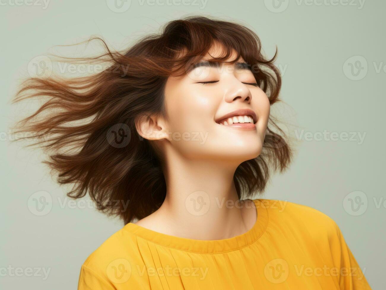 Asian woman in emotional dynamic pose on solid background AI Generative photo