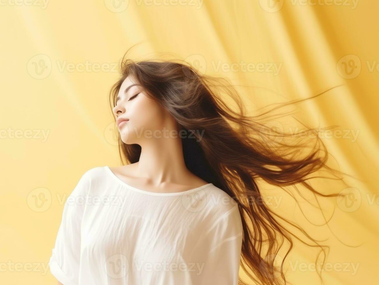 Asian woman in emotional dynamic pose on solid background AI Generative photo