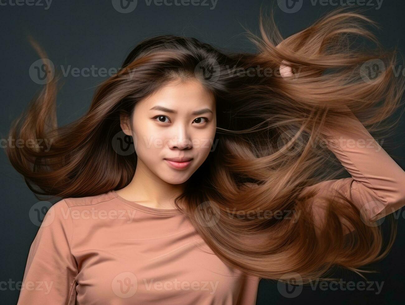 Asian woman in emotional dynamic pose on solid background AI Generative photo