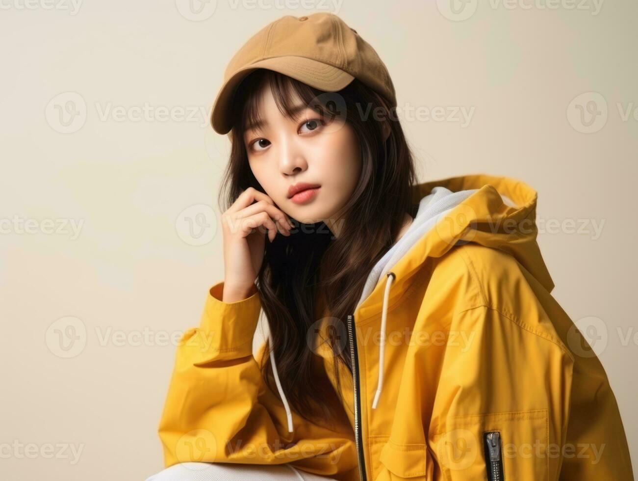 Asian woman in emotional dynamic pose on solid background AI Generative photo