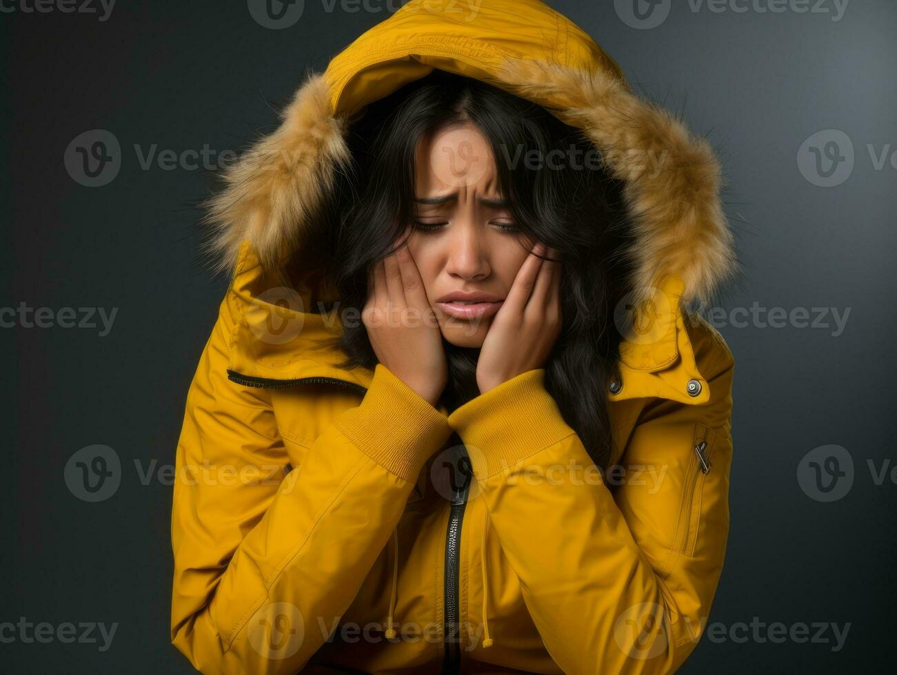 Asian woman in emotional dynamic pose on solid background AI Generative photo