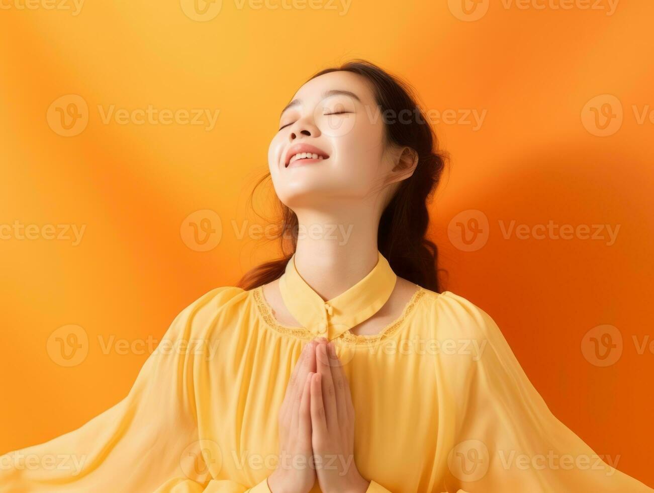 Asian woman in emotional dynamic pose on solid background AI Generative photo