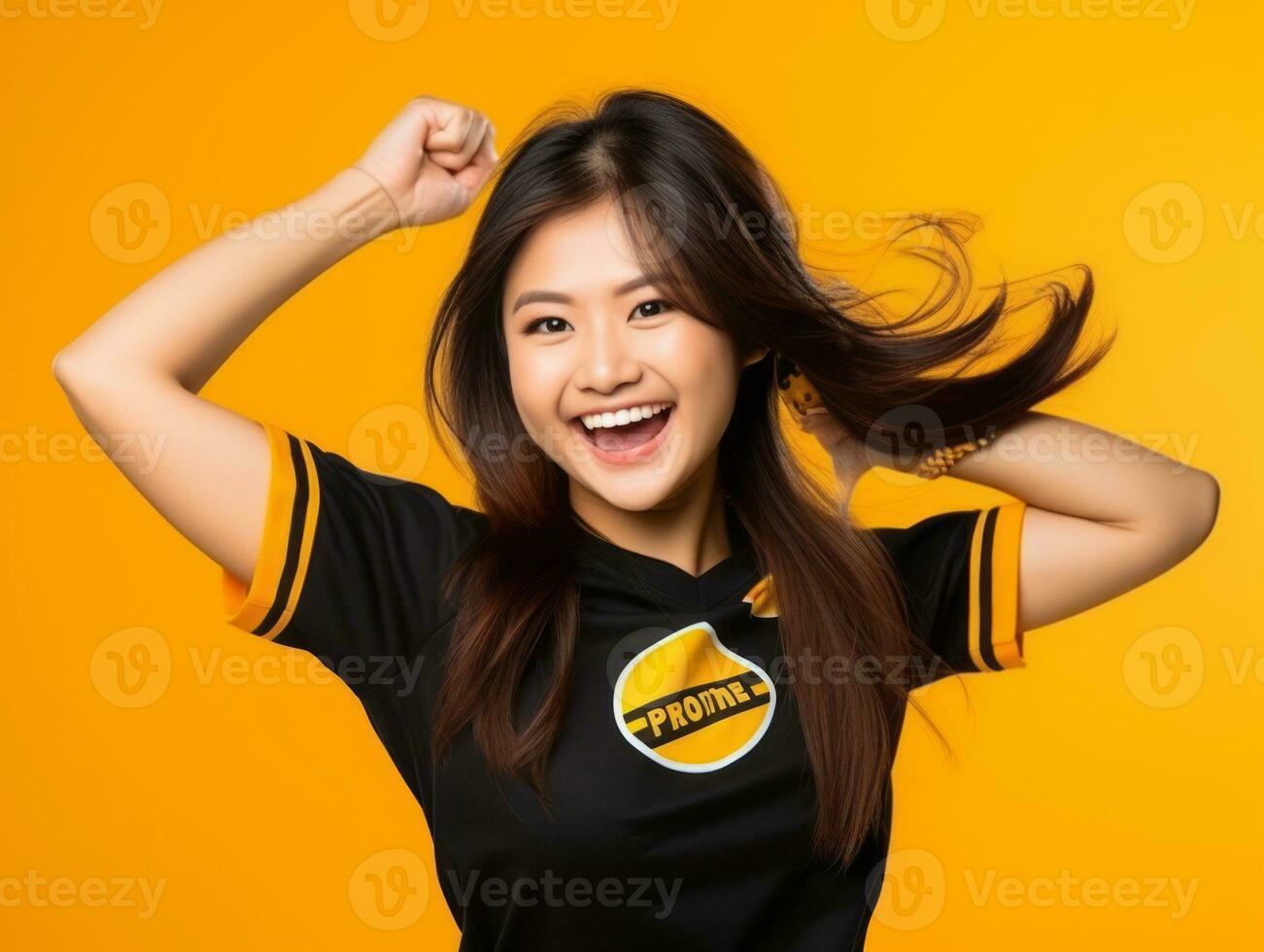 Asian woman in playful pose on solid background AI Generative photo
