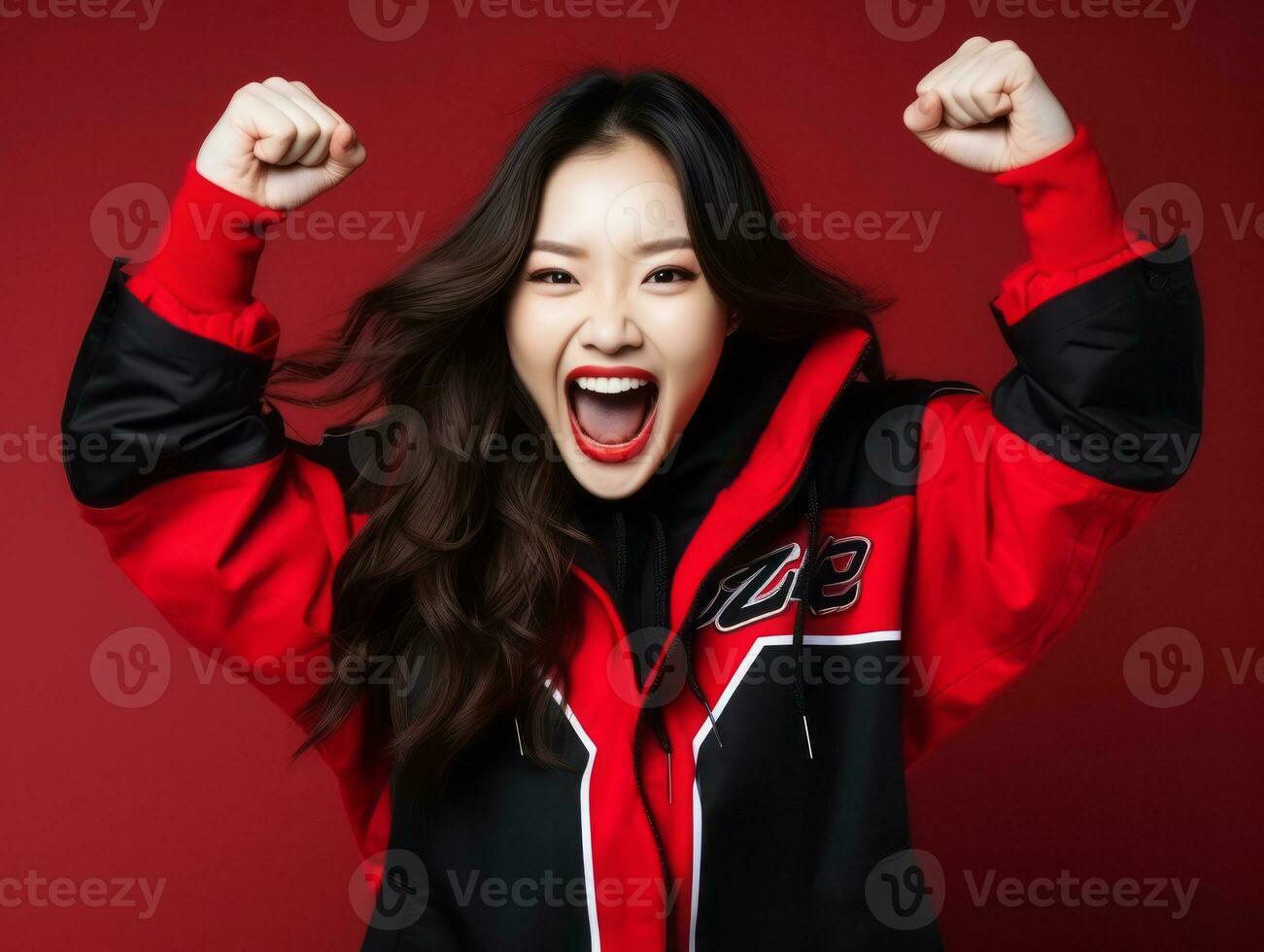 Asian woman in playful pose on solid background AI Generative photo