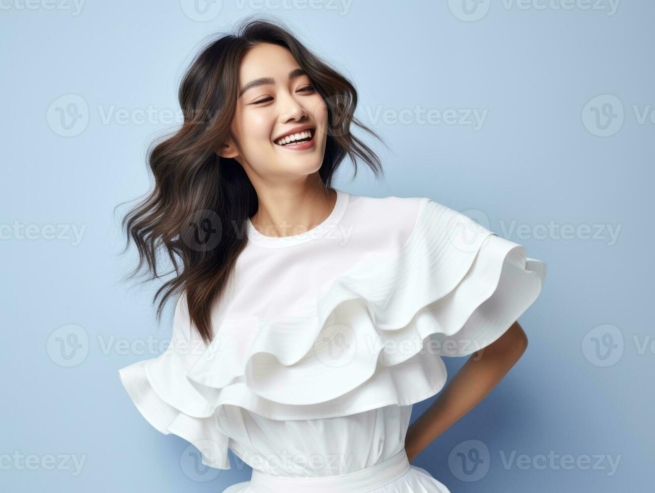 Asian woman in playful pose on solid background AI Generative photo