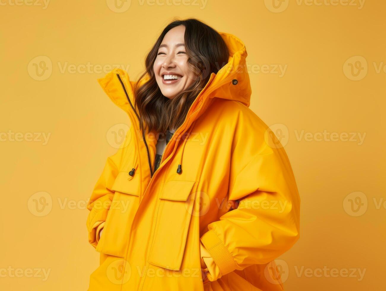 Asian woman in playful pose on solid background AI Generative photo