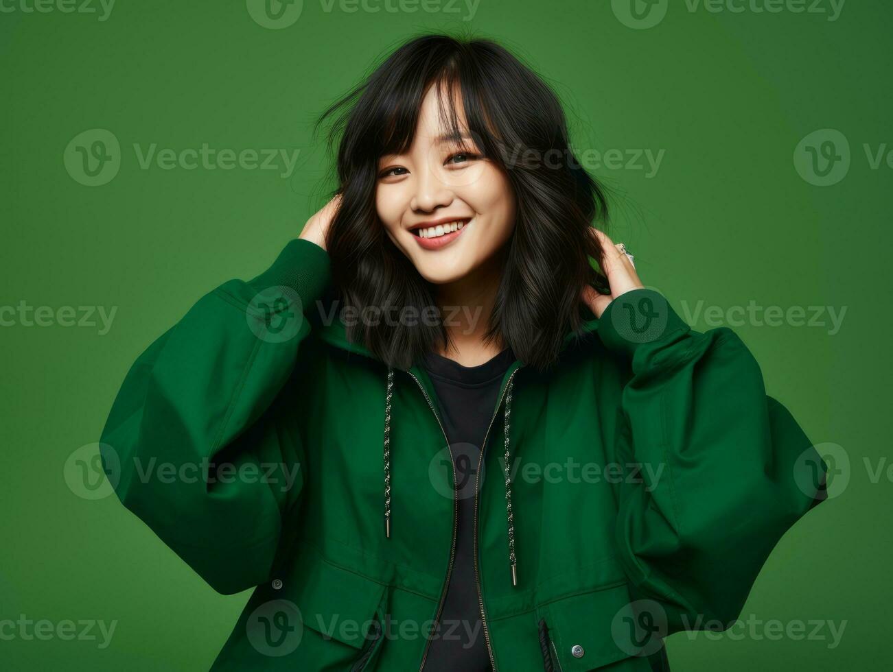 Asian woman in playful pose on solid background AI Generative photo