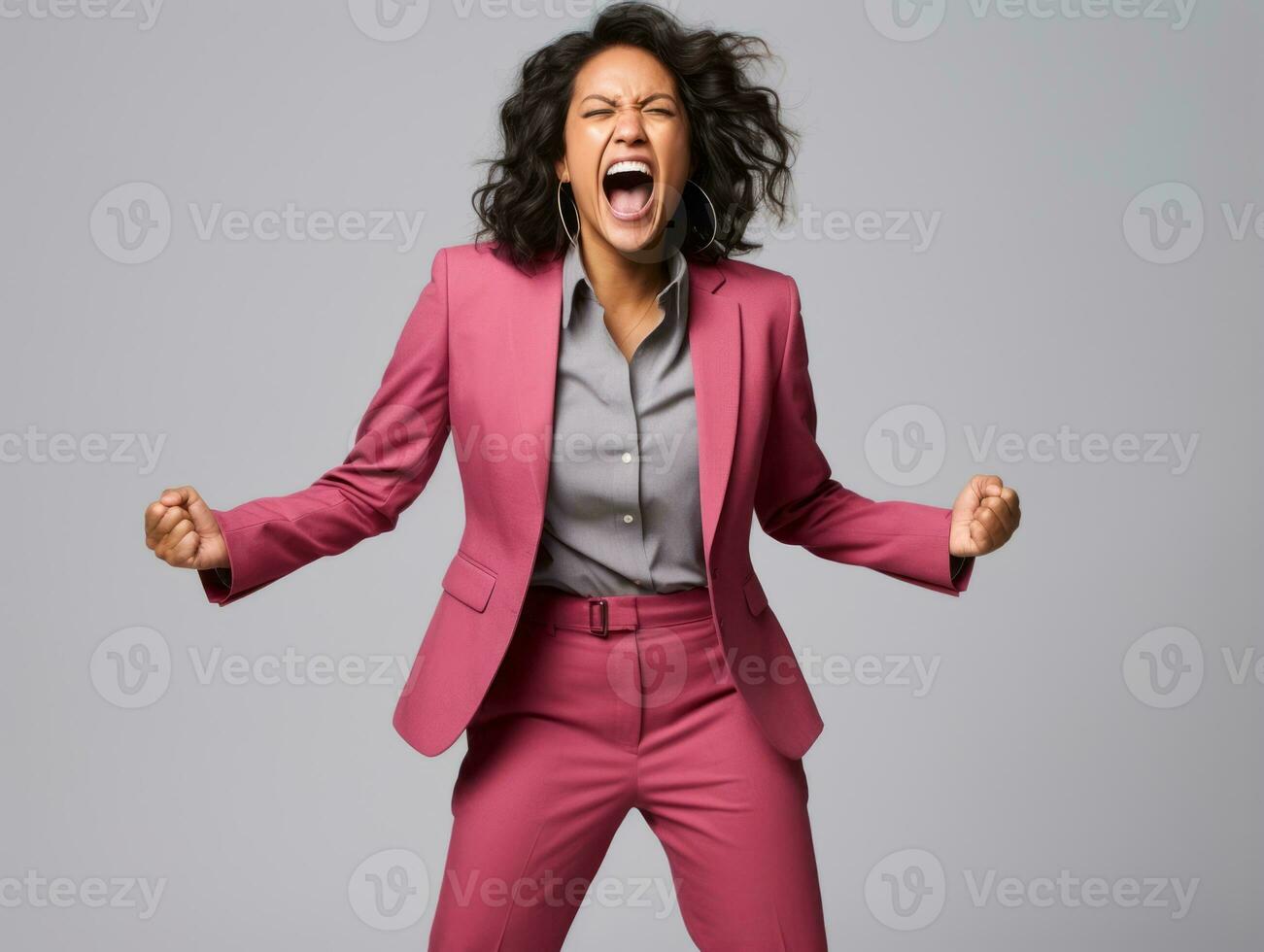 Asian woman in playful pose on solid background AI Generative photo
