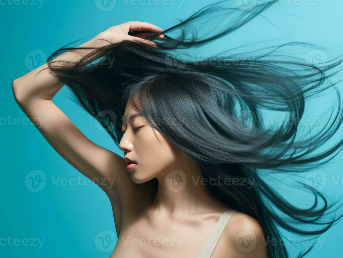 Asian woman in playful pose on solid background AI Generative photo