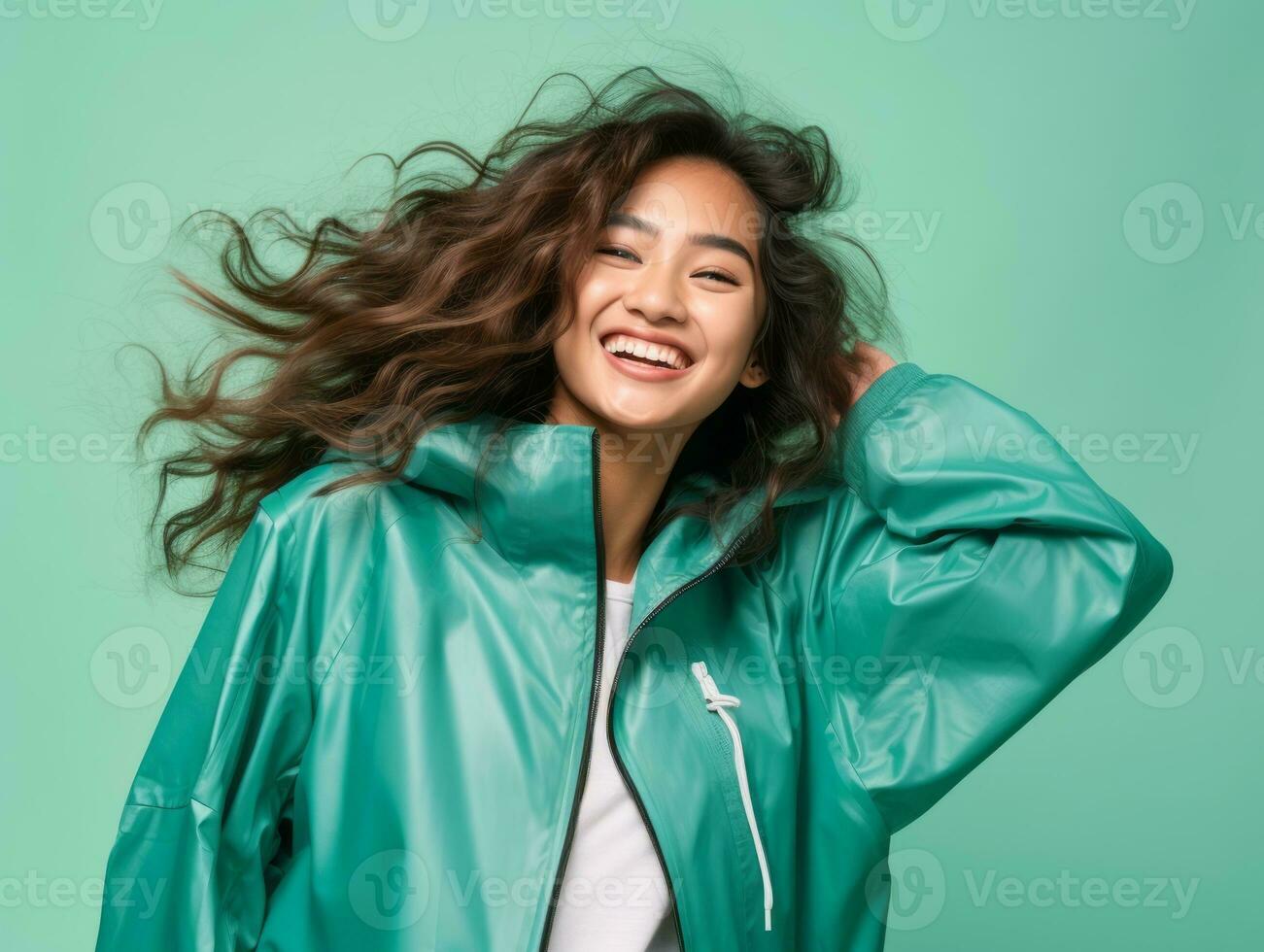 Asian woman in playful pose on solid background AI Generative photo