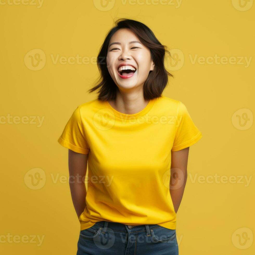 Asian woman in playful pose on solid background AI Generative photo