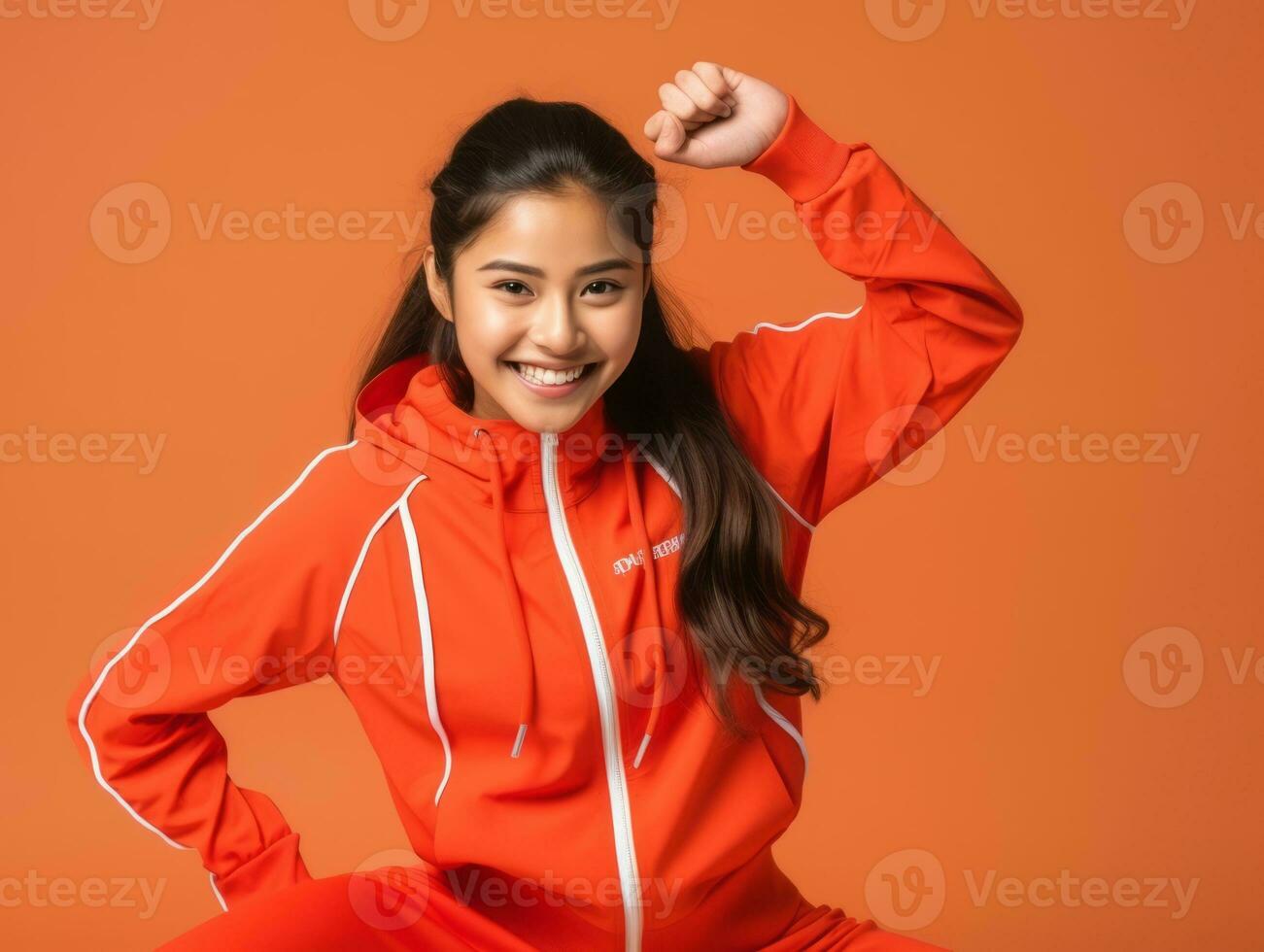 Asian woman in playful pose on solid background AI Generative photo