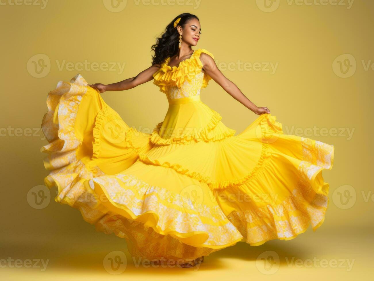 Mexican woman in emotional dynamic pose on solid background AI Generative photo
