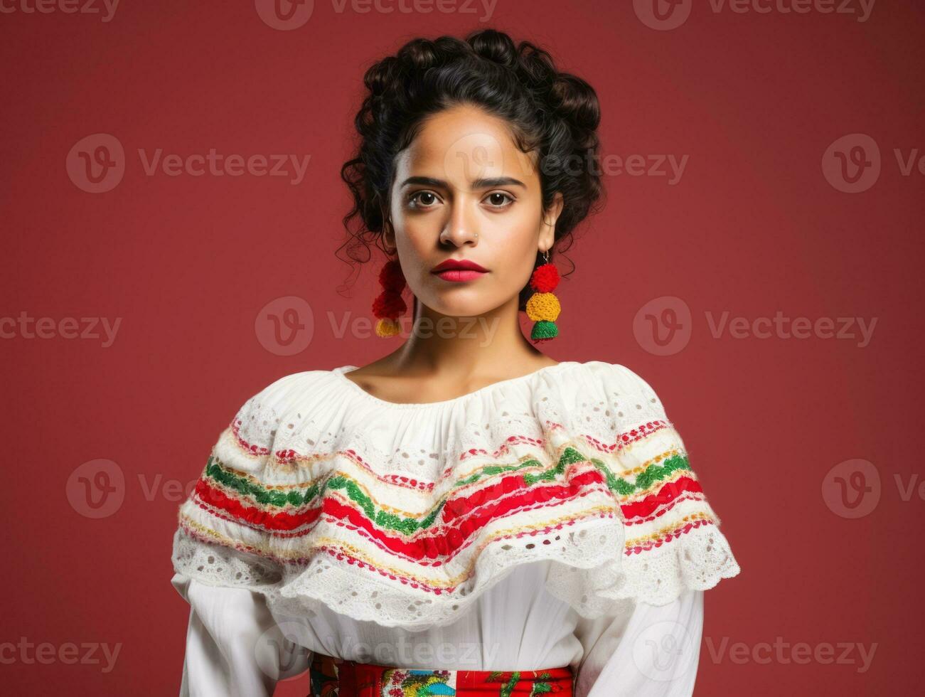 mexicano mujer en emocional dinámica actitud en sólido antecedentes ai generativo foto