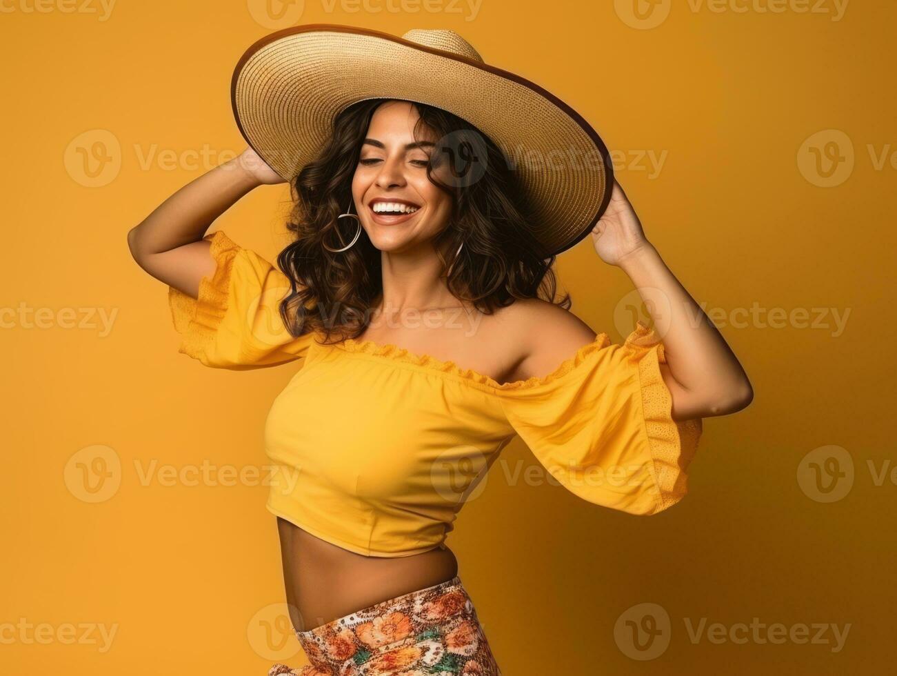 Mexican woman in emotional dynamic pose on solid background AI Generative photo