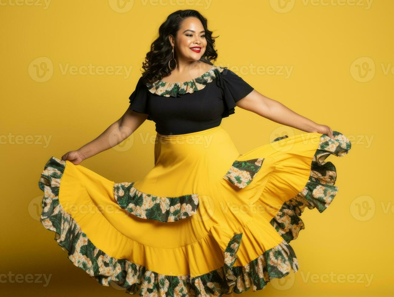 Mexican woman in emotional dynamic pose on solid background AI Generative photo
