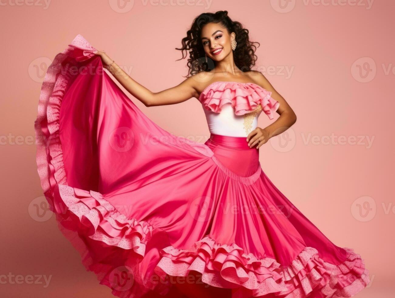 Mexican woman in emotional dynamic pose on solid background AI Generative photo