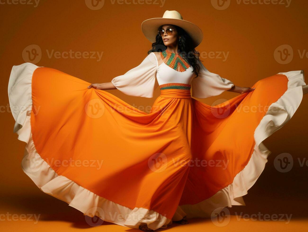 Mexican woman in emotional dynamic pose on solid background AI Generative photo