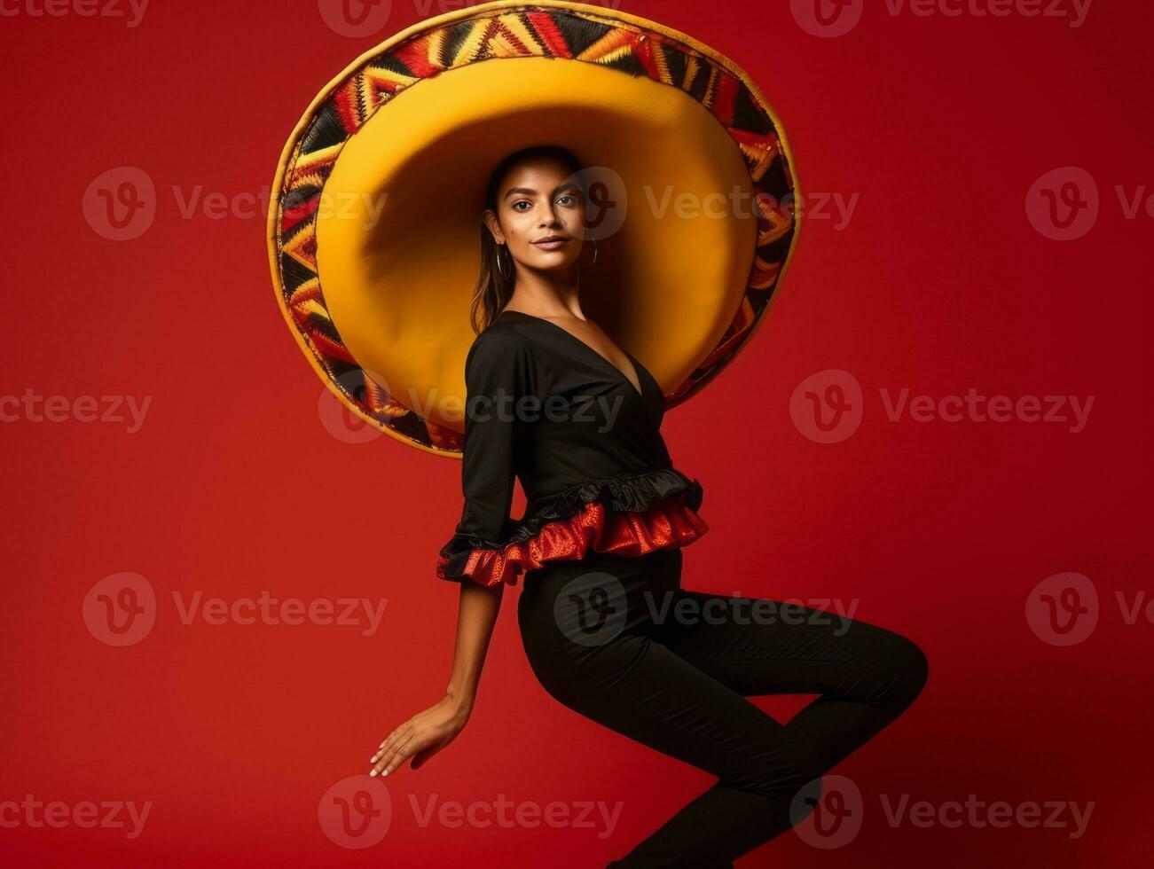 Mexican woman in emotional dynamic pose on solid background AI Generative photo