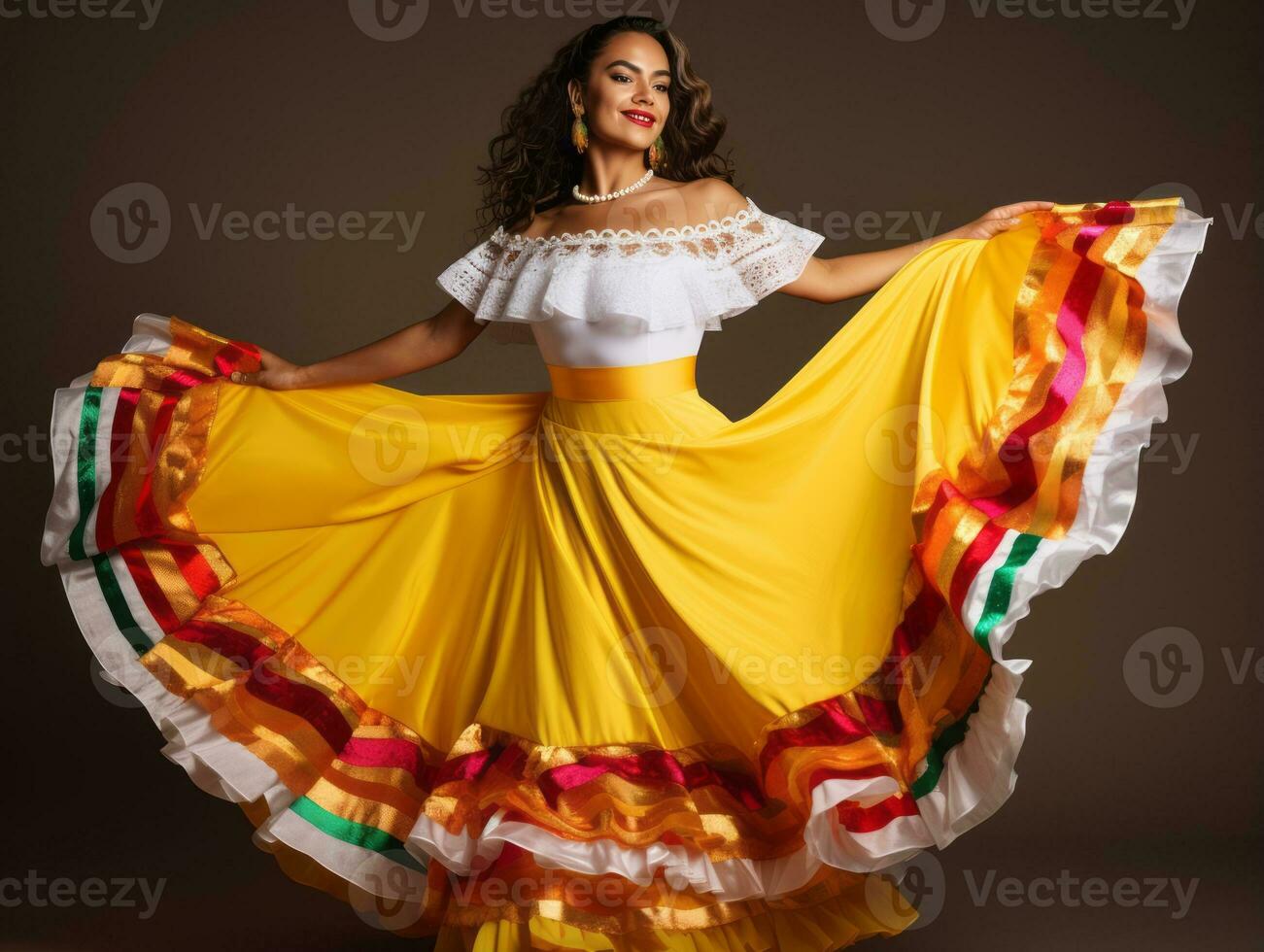 Mexican woman in emotional dynamic pose on solid background AI Generative photo