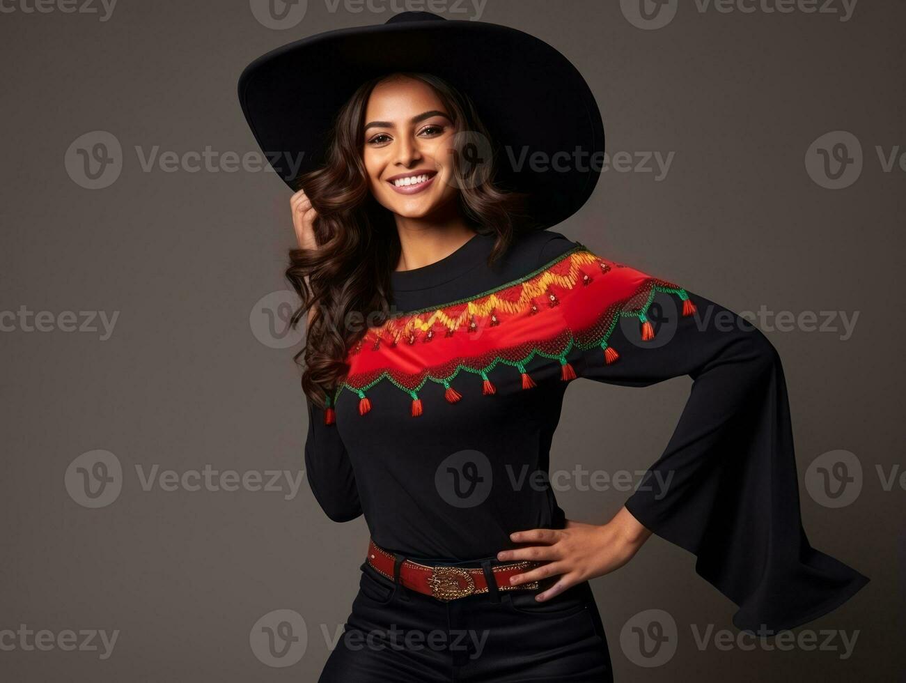 Mexican woman in emotional dynamic pose on solid background AI Generative photo