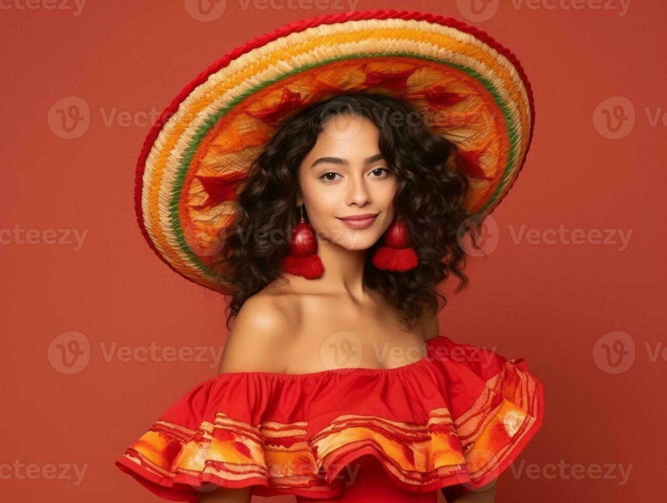 Mexican woman in emotional dynamic pose on solid background AI Generative photo