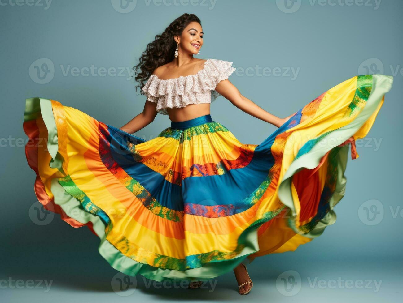 Mexican woman in emotional dynamic pose on solid background AI Generative photo
