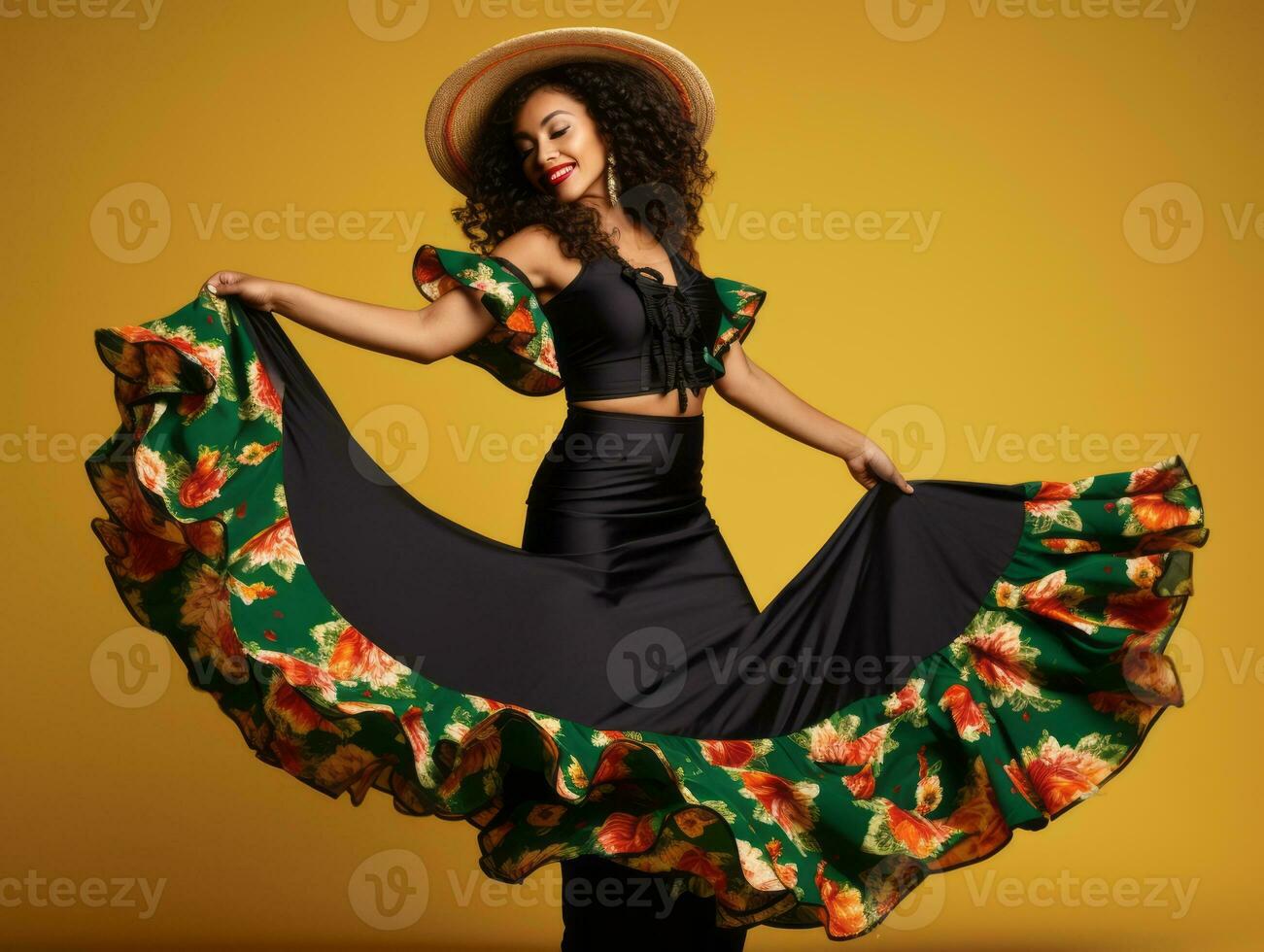 Mexican woman in emotional dynamic pose on solid background AI Generative photo