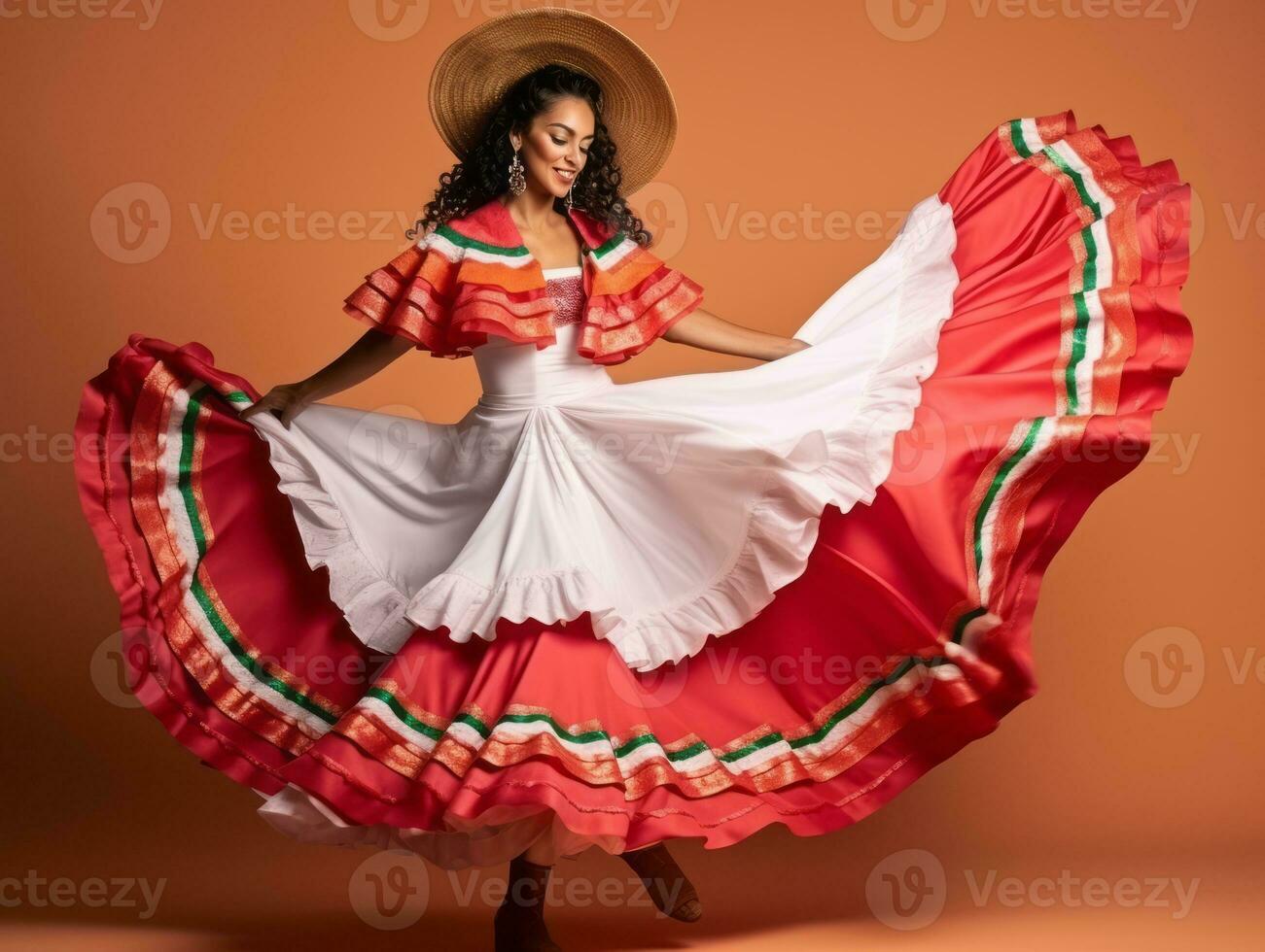 mexicano mujer en emocional dinámica actitud en sólido antecedentes ai generativo foto