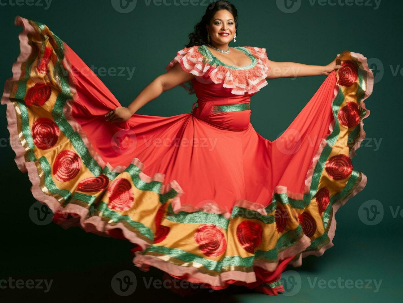 Mexican woman in emotional dynamic pose on solid background AI Generative photo