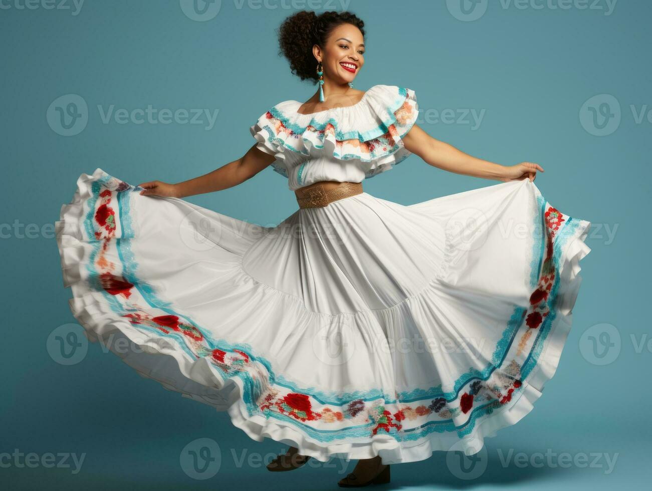 Mexican woman in emotional dynamic pose on solid background AI Generative photo