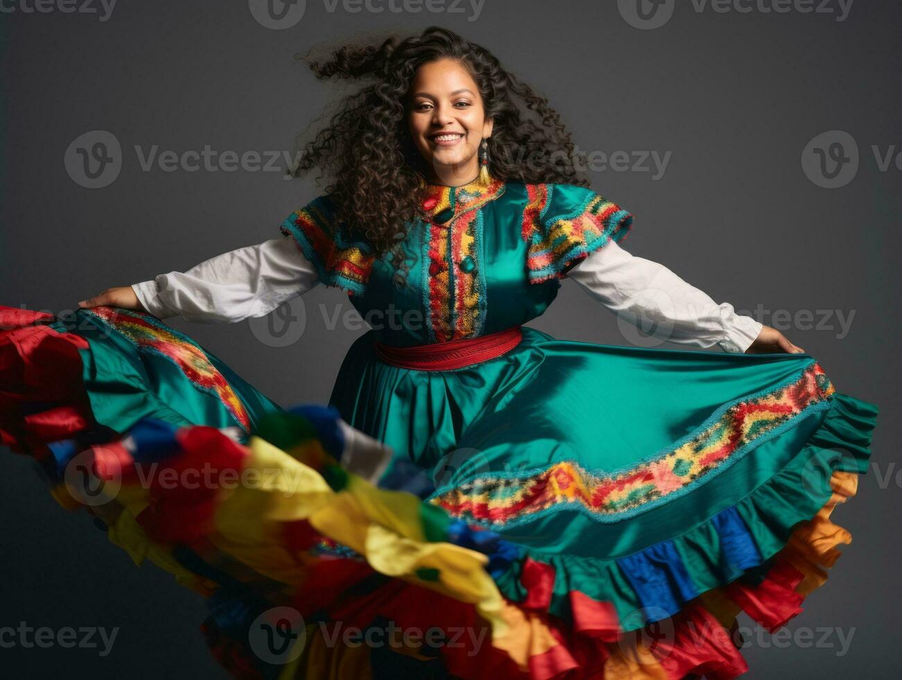 mexicano mujer en juguetón actitud en sólido antecedentes ai generativo foto