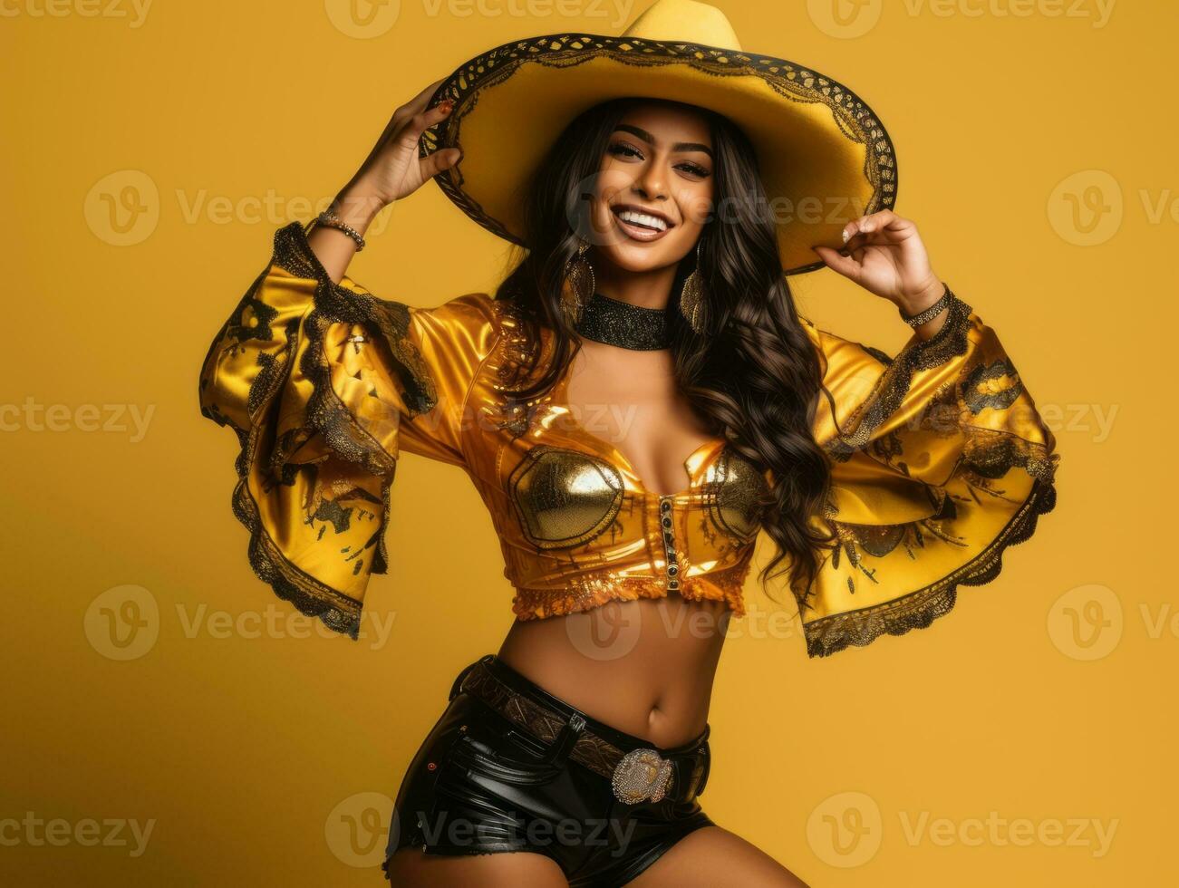 Mexican woman in playful pose on solid background AI Generative photo