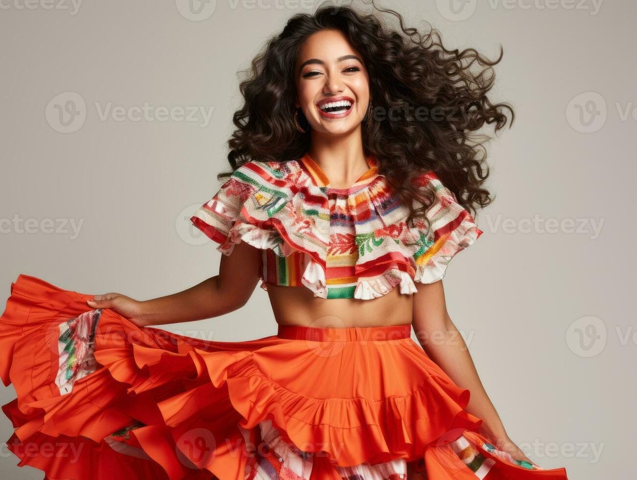 Mexican woman in playful pose on solid background AI Generative photo