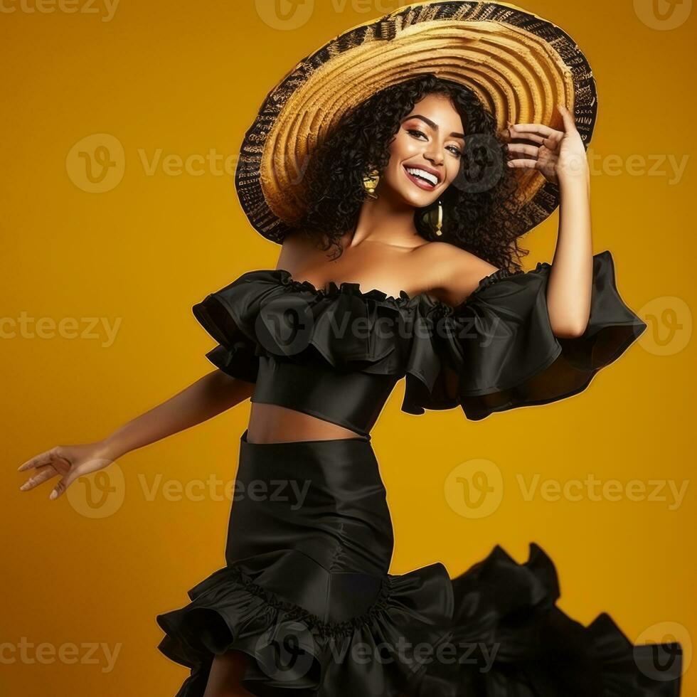 Mexican woman in playful pose on solid background AI Generative photo