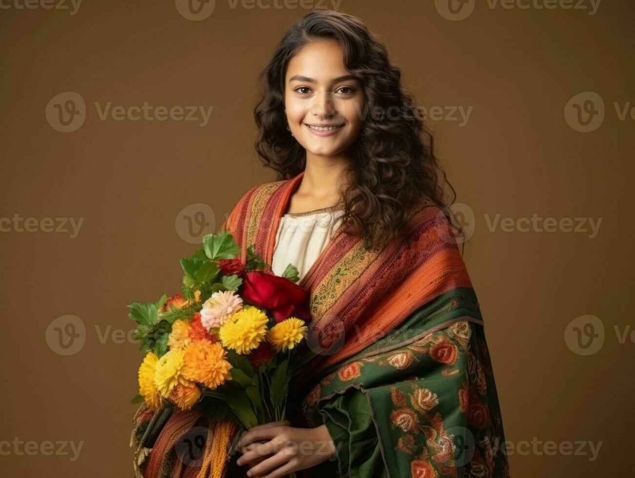 Mexican woman in playful pose on solid background AI Generative photo
