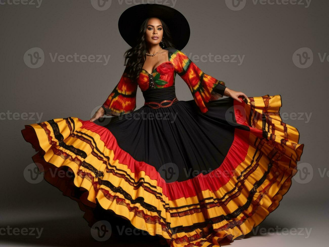 Mexican woman in emotional dynamic pose on solid background AI Generative photo