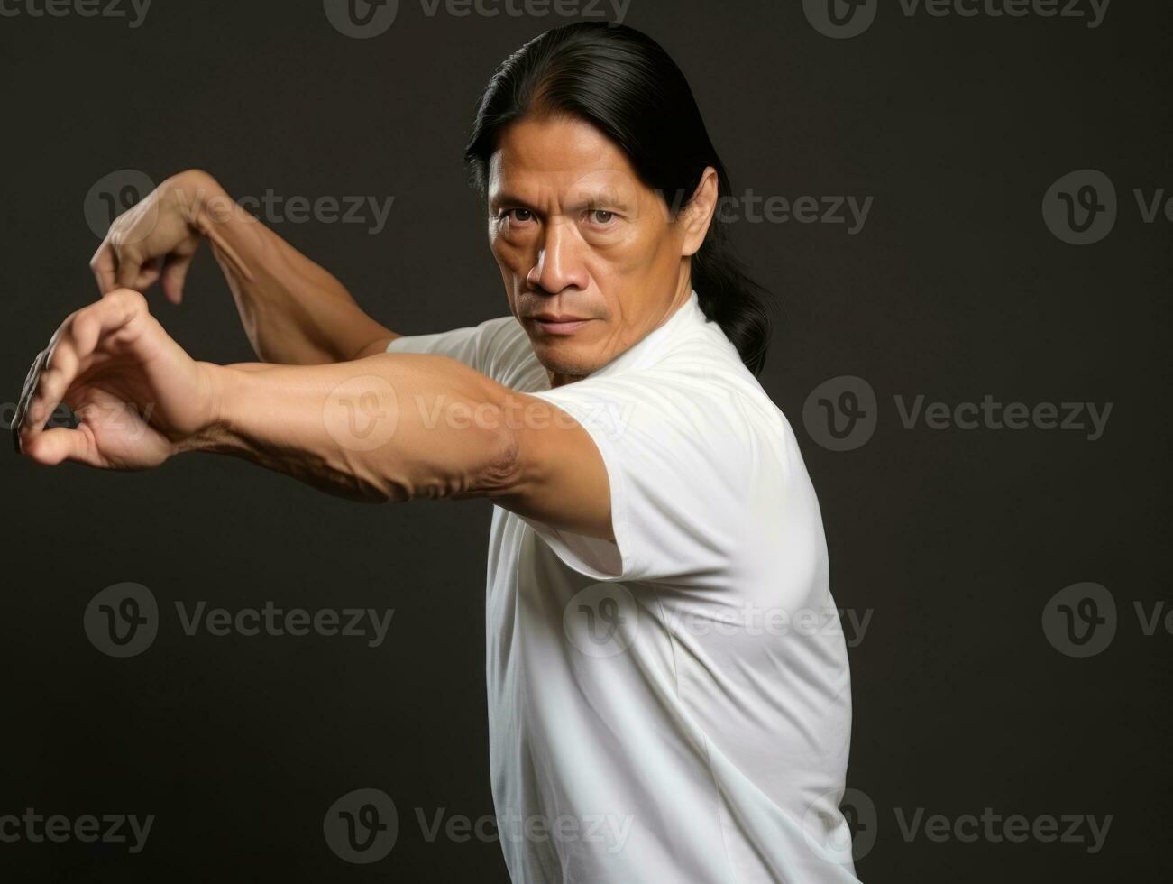 Asian man in emotional dynamic pose on solid background AI Generative photo