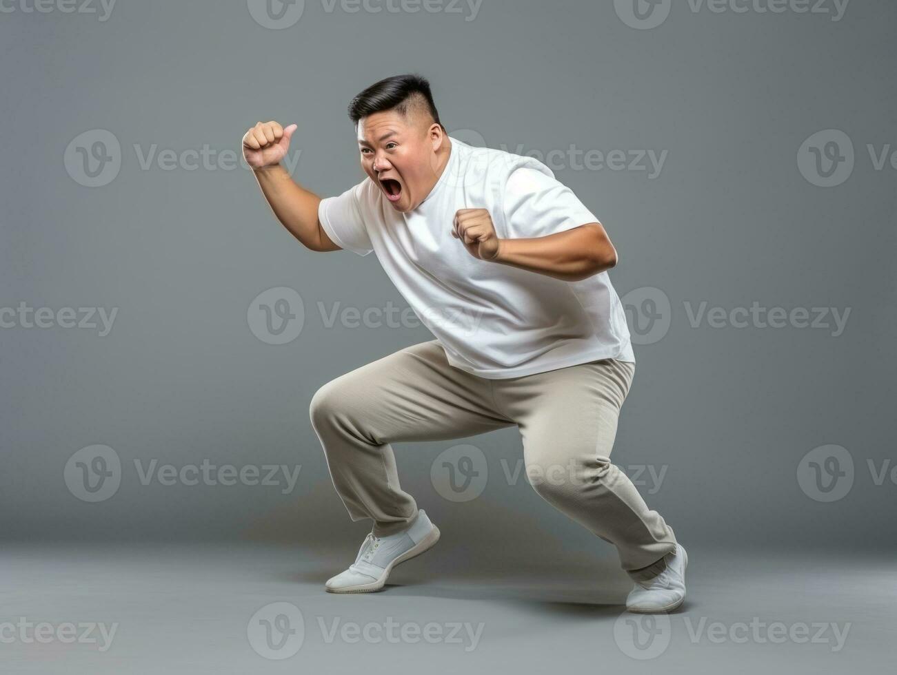 Asian man in emotional dynamic pose on solid background AI Generative photo